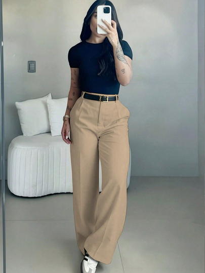 Women's High Waist Slim Fit Wide Leg Pants In Khaki, Bohemian Street Style, Suitable For Casual, Work Commute And Vacation In Spring/Summer, Quiet Luxury